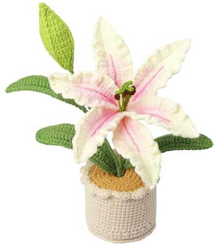 Magicherry Crochet Lily Potted Plants,Fake Lily Flowers for Friends,Family and Lover,Artificial Handmade Knitting Flowers for Birthday and Home Decor,White Pink
