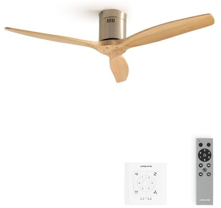 CREATE / WINDCALM NATURAL WOOD M/Ventilador de techo níquel aspas madera clara con controlador y mando / 40W, Temporizador, Ø132 cm, 6 velocidades, silencioso, función verano-invierno