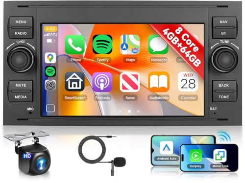 Hodozzy 8 Core 4G+64G Autoradio für Ford Transit Fiesta Focus Galaxy Mondeo C-Max S-Max Connect mit Navi WiFi, 7 Zoll Touchscreen mit Carplay Android Auto, Bluetooth DSP WiFi FM RDS Rückfahrkamera