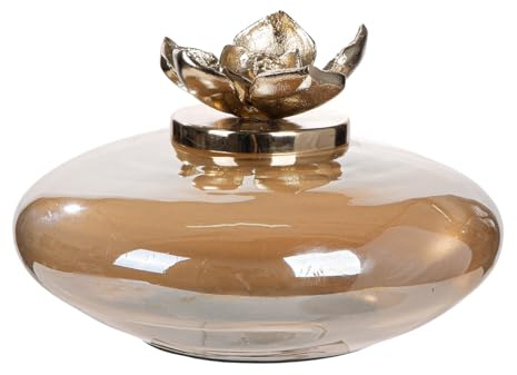 GILDE Deckelvase Flor aus Glas - champagnerfarben - rund - Blumenmotiv -Höhe 15cm x Ø 24cm - Dekovase