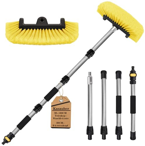 Teleskop Waschbürste mit Wasseranschluss | 180cm Autowaschbürste mit Teleskopstiel | Weiche Auto Reinigungsbürste Autopflege Bürste für Wohnwagen, Wohnmobil, Caravan, Trucks, PKW, LKW, Boot