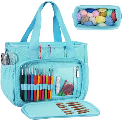 Dadanism Häkel Basteltasche, Stricktasche mit Griff und Schultergurt, Blau | Garn Aufbewahrung Nähtaschen, Garn Aufbewahrung Organizer für Häkeln Stricker Häkelnadeln Stricknadeln Set Nähzubehör