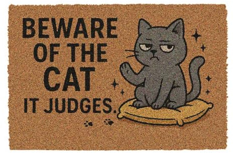 CKB LTD Beware of the Cat It Judges Themed Novelty Doormat Unique Joke Doormats Front Back Door Mats Made with a Non-slip PVC Backing, Natural Coir, Indoor Outdoor Size 60 x 40cm