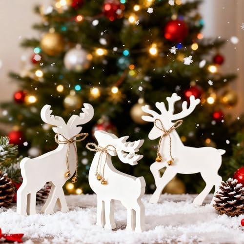 3 Stück Weihnachtsdeko Rustikale Holz Rentier, Weihnachtsdeko Hirsch Figuren Ornamente Mit Hanfseil, Weihnachten Handgefertigte Indoor Weihnachten Holz Rentier Deko für Wohnzimmer Tischdekoration