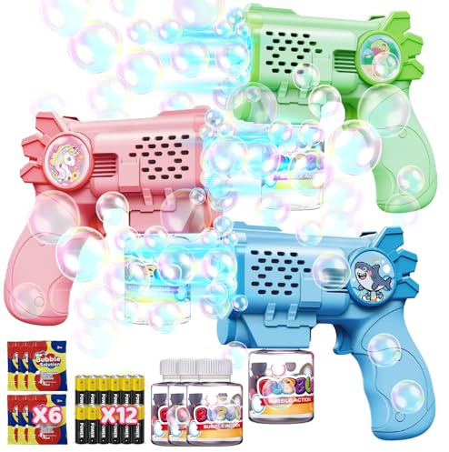 Tecnock Pack de 3 Pistolas de Burbujas Automáticas para Niños, 12 Pilas AA Incluidas, 3 Botellas de Solución y 5 Recargas, Ligeras, Antiderrames, Regalo de Cumpleaños y Detalles para Fiestas