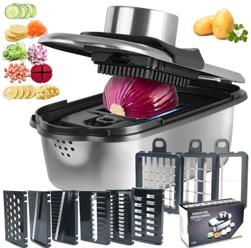 Ecopandy Dicer Smart 9 en 1, cortador de mandolinas y verduras de acero inoxidable, cortador de mandolinas juliana y cubos para pepinos, cebollas, patatas, fruta, rodajas, tiras