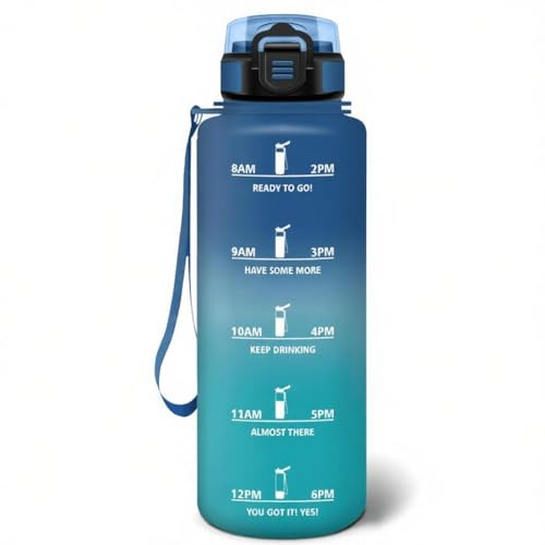 Motswedi Botella Agua 1500 ml, Botella Agua Gimnasio sin BPA con Marcador de Tiempo, Plastico Botella de Agua Deportiva Motivacional, con Pajita Azul & Verde Azulado