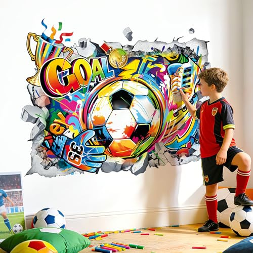 decalmile Wandsticker 3D Fußball Durchbruch Wandtattoo Sport Bälle Junge | Abziehbare und Aufklebbare Wandaufkleber, DIY Abnehmbare Wandkunst Abziehbilder, Wandfreundlich, Leuchtenden Farben