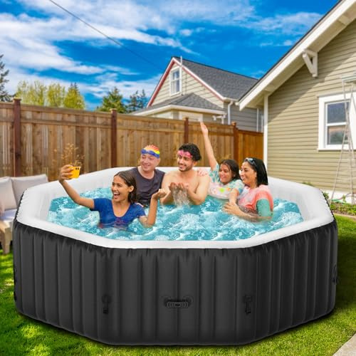 Obqer Hot Tub Aufblasbar für 6 Personen, 2400W In/Outdoor SPA Pool Winterfest Mit 130 LuftdüSen, Frostschutz, 910 Liter, Auslaufsichere, Energiesparend, Auto Aufblasen, Bubble Spa & Wellness Massage