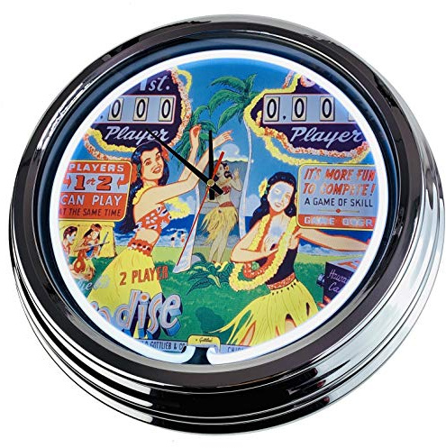 US-Way.de Paradise Gottlieb 1965 WallClock Deko-Clock – 44 cm Durchmesser, Deko-Wanduhr ohne Tickgeräusche und gut lesbares Display, USA 50er-Jahre-Stil Neon-Uhr für Küche, Büro (Weiß)