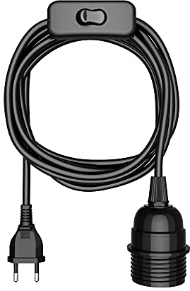 ledscom.de Câble LEKA, fiche, interrupteur, noir, 3 m, douille de lampe, 1x E27 max. 60W