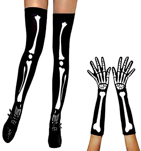 SUNTRADE 1 Paar dehnbare Skelett-Socken & volle Fingerhandschuhe für Halloween Kostüm Cosplay