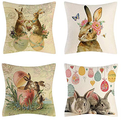 AMZQJD 4 Stück Kissenbezug Ostern Hasenselementstile Dekorative Kissenhülle Baumwolle Leinen Sie Kissenbezüge (40 x 40 cm, Rosa Osterei)