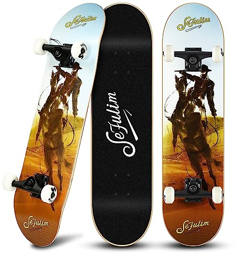 Sefulim Skateboard Erwachsene Mädchen Kinder Skateboard Komplett mit ABEC-7 Kugellager und 95A Rollenhärte Stabil PU-Rollen (Cowboy Muster)