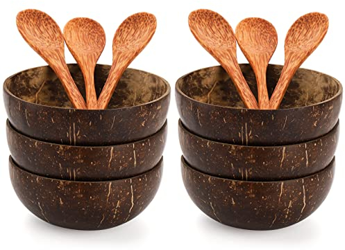ZENFUN Paquete de 6 cuencos de coco con cuchara de palma, cuencos de coco pulido de 5 pulgadas de profundidadx2.4 pulgadas de alto, almacenamiento de cocina, ligero