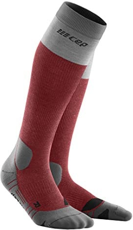 CEP - HIKING LIGHT MERINO SOCKS REDESIGN für Damen | Lange Wandersocken mit aktivierender Kompression | Trekkingsocken für leichte Beine in Berry/grey | Größe II | S