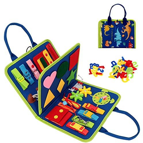 Oderra Busy Board, Activity Board für Kinder Montessori Spielzeug, Frühpädagogisches Lernspielzeug für Feinmotorik für Kleinkinder, Lernen Grundleben Kleidungsfähigkeiten Motorikbrett-C MLB-SZZM Blau