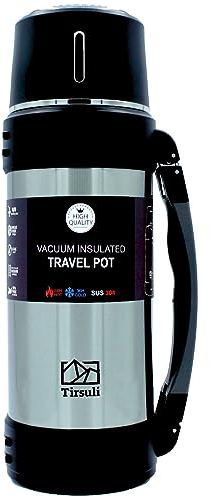 Tirsuli Termo de Viaje 1,5 litros – Doble Pared de Acero Inoxidable – Camping o Senderismo. Caliente o Frio más de 24 horas, Agua, Café, Leche, Té o Mate (Acero Inoxidable)