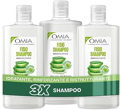 Omia, Fisio Shampoo Eco Bio mit Salento Aloe Vera für normales Haar, Feuchtigkeitsspendend & Ausgleichend, Zur Häufigen Anwendung, Frei von Silikonen und SLES, 3 Flaschen 200 ml - Exklusiv bei Amazon