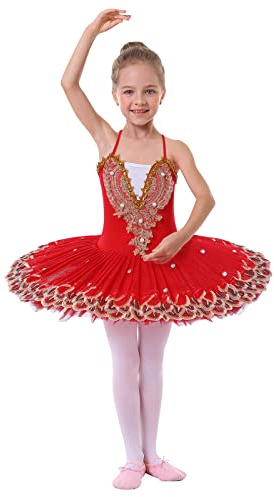 IMEKIS Vestito da Balletto per Ragazze di Fiori Body da Danza Ginnastica Ricamato Senza Maniche con Gonna Tutu Costume da Ballo Principessa da Fata Ballerina Rosso 11-12 Anni