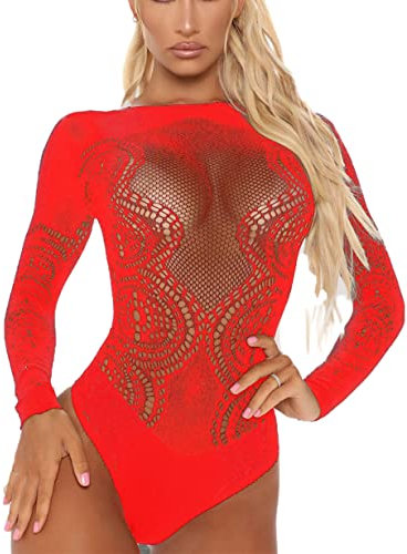 Bommi Fairy Women's Bodysuit Fishnet Long Sleeves Sexy Bodycon Sheer See Through Teddy Bodysuit Body Tops Mesh Chemise Babydoll (Red)