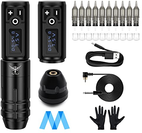 TATELF Tattoo Maschinen Set mit Kabelloser Tattoo Maschine, 2 Stück 1800mAh Stromversorgung Akku 10 Stück Tattoo Nadeln für Tattoo Anfänger und Künstler