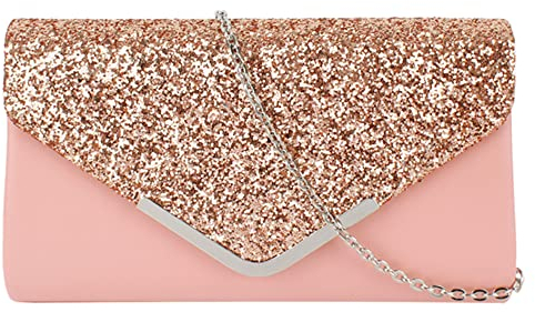 MEGAUK Damen Clutch Glitzer Elegant Abendtasche Glänzend Handtasche Envelope Tasche Strass Unterarmtasche mit Kette für Hochzeit Wedding Prom Party (Leder Nude Pink)