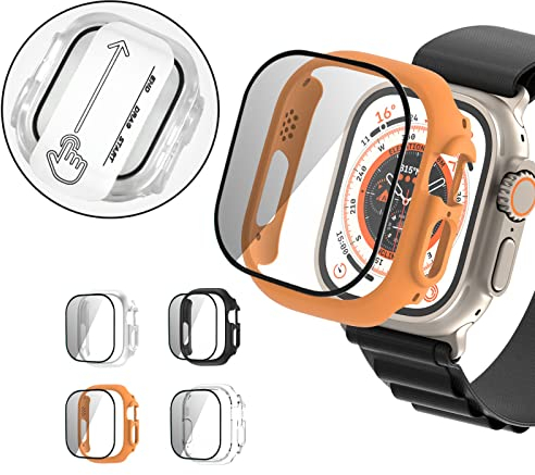【4+4Stück 】 JZK Schutzhülle für Apple Watch Ultra 49mm, Hart PC Rundum Ultradünne Gehäuse Hülle mit Kratzfest Gehärtetes Glas Schutzfolie für iWatch 8 Ultra 49mm, Schwarz/Klar/Orange/Silber