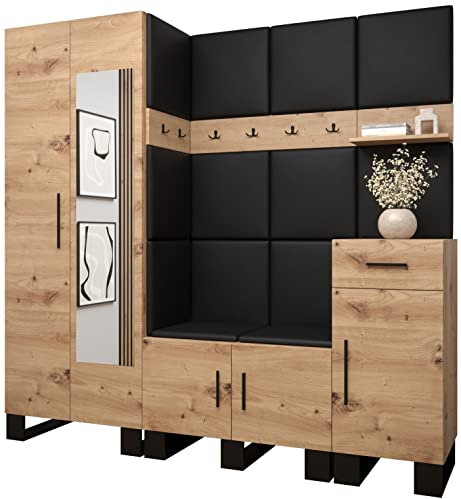MEBLE KRYSPOL Garderobe Artin Set 13 mit gepolsterten Paneelen Industriell Design (Artisan Eiche + schwarzes Öko-Leder)