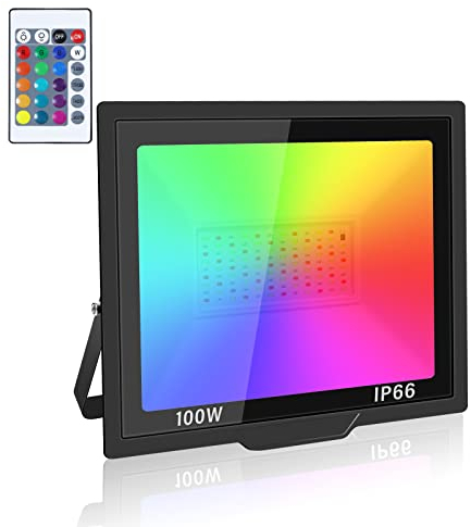 SKYWORLD RGB LED Strahler 100W mit Fernbedienung – 16 Farben, 4 Modi, Dimmbar, IP66 Wasserdicht für Garten, Garage, Innen- & Außenbereich