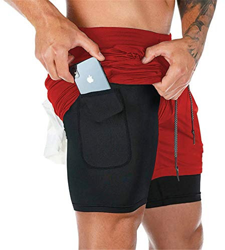 Superora Mens Running Gym 2 in 1 Sports Shorts Breathable Outdoor Workout Training Shorts with Pockets Red