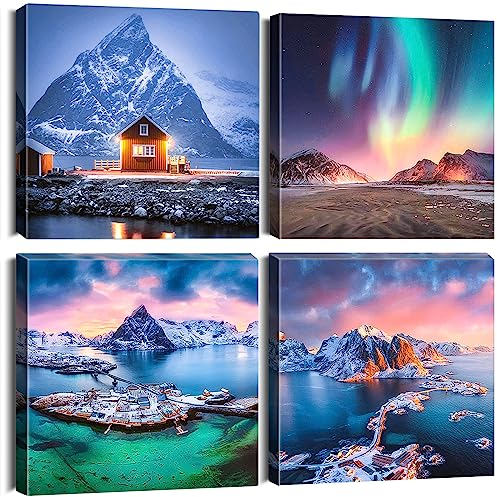 Sungeek 4 Teilig Leinwandbilder mit Holzrahme, Leinwanddruck Bilder 30 x 30 cm, Moderne Wandbilder Kunstdruck Wand Dekoration für Wohnzimmer Schlafzimmer Esszimmer Home Büro (Aurora B)