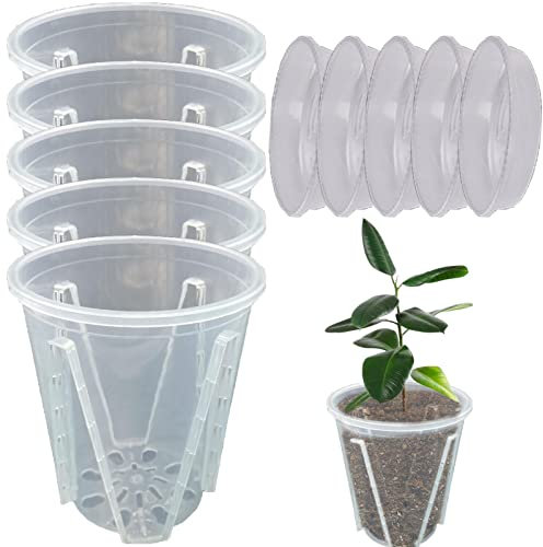 Fukamou Vasi per la Scuola Materna - 5 vasi per Orchidee Trasparenti con 5 vassoi, fioriera per Orchidee ventilata con Fori di drenaggio - Vaso da Fiori per Interni da Esterno Vasi per Orchidee