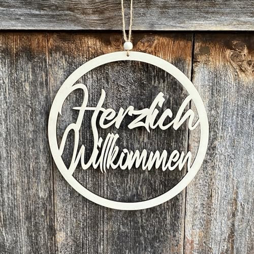 Willkommensschild - Trockenblumenkranz - Türkranz Trockenblumen mit Herzlich Willkommen'' Schriftzug - Herzlich Willkommen Türhänger (24cm Holz Natur, Ohne Trockenblumen)
