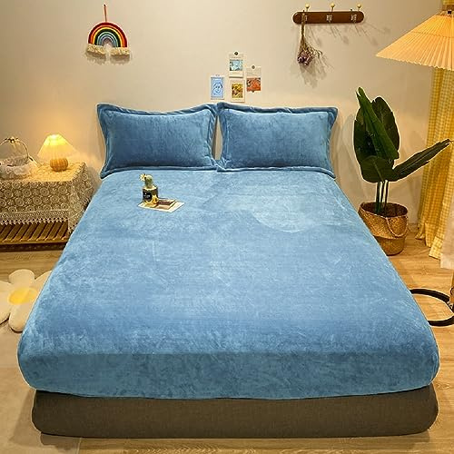 Warme Winter Spannbettlaken Bettlaken Fleece 90x200 Blau Hellblau Flausch Cashmere Touch Teddy Plüsch Flanell Kuschelige Flauschige Bett Spannbetttuch für Boxspringbetten Topper 30 cm Hohe Matratzen