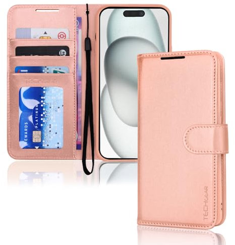 TECHGEAR iPhone 15 Leather Wallet Case, Flip Protective Case Cover with Wallet Card Holder, Stand & Wrist Strap - Rose Gold PU Leather with Magnetic Closure for iPhone 15 6.1