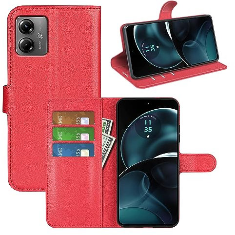 Fertuo Coque pour Motorola Moto G14, Antichoc Portefeuille Étui Housse en Cuir à Rabat Flip Cover Case avec Silicone Bumper, Porte Carte, Béquille, Boucle Magnétique pour Motorola Moto G14, Rouge