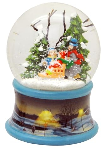 Schneekugel Winterspaziergang Familie auf Sockel nostalgische Eisläufer blau Weihnachten Winter mit Spieluhr - 100mm breit * 20199