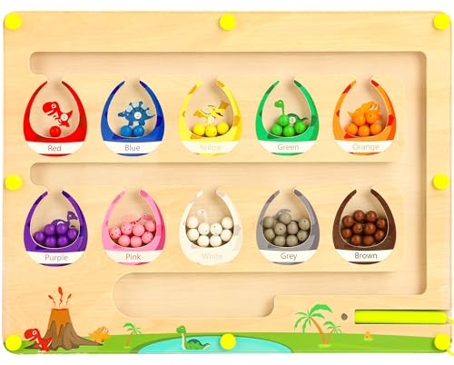 Magnetspiel Labyrinth Spielzeug Montessori Spielzeug ab 3 4 5 6 7 Jahre Holzspielzeug Farben Lernen Sortierspiel Vorschule Lernen Aktivitäten Dinosaurier Motorikspielzeug Geschenk für Mädchen Junge