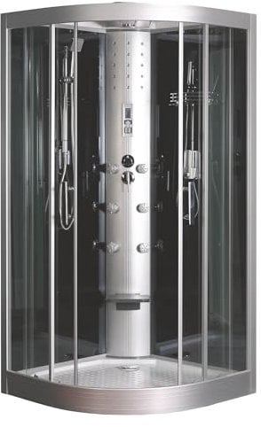 ONDÉE, Cabine de douche hydromassage GALIA, Assemblée avec du silicone, Accès en angle, Porte coulissante en verre 5mm, Buses rondes, Siège, Profils en aluminium gris, Kit, 100x100x220 cm
