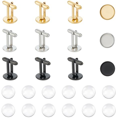 UNICRAFTALE 3 Farben 12 Sets 12mm Blanko Manschettenknopf Set 304 Edelstahl Gold Manschettenknöpfe Runde Cabochons Tablett Lünette Manschettenknopf Rohlinge Für Knöpfen Herstellung Bekleidung