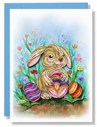 TUMYBee Happy Easter Day Card, Cute Rabbit and Eggs Cards, Animal Themed, Holiday Quilling Art for Kid, Mom, Family, Friend, Husband, Wife with Envelope (Bunny)