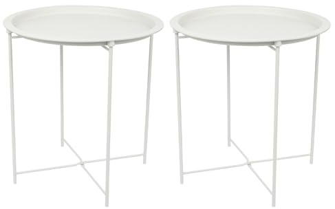 Harbour Housewares Round Tray Tables with Removable Trays - Pack of 2 - Matte White Steel Bed Side Table Raised Lip Serving Board Compact Collapsible Folding Table for Bedroom, Home and Office