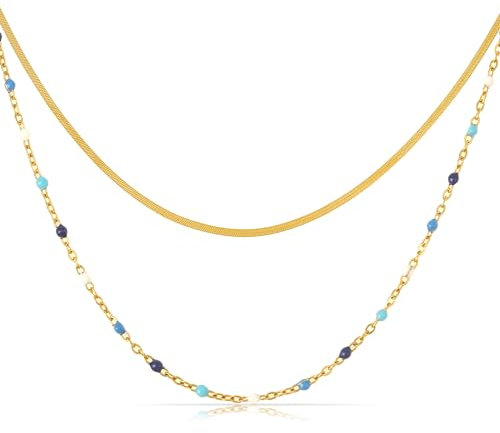 Made by Nami Doppelreihige Choker Kette Damen Gold in Schlangendesign und mit Perlen Robuster Karabiner Verschluss Boho Schmuck Geschenk für Sie 40 + 5 cm Länge