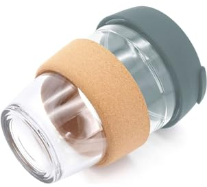 Generic Reusable Glass Coffee Cup/Travel Mug with Lid - Cork Sleeve Surround Heat Resistant Eco Friendly with Grey Plugged Removable Lid 12oz/350ML (Grey)