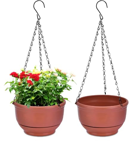 YuanDiann 2er Pack Hängende Blumentöpfe mit Abnehmbarem Tablett, Selbstabsorbierende Blumentopfkorb aus Kunststoff Hängepflanze Außen Innen Blumenampel Haus Balkon Garten Dekoration Ziegelrot 27.2cm