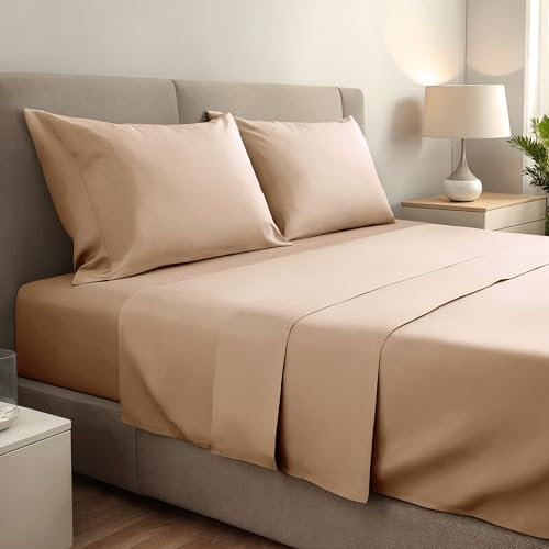 Set lenzuola matrimoniali king size 4 Pezzi 180x190/200, lenzuola matrimoniale in microfibra di poliestere spazzolata. Lenzuolo Piatto, Lenzuolo con Angoli regolabili e 2 federe. Colore Beige