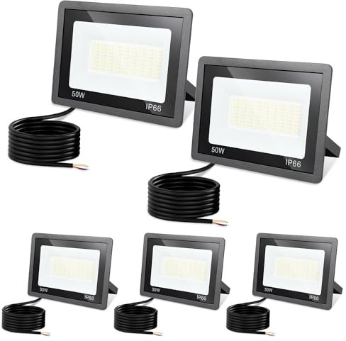 Jiubiaz LED Strahler Außen 50W, 3000K/4000K/6500K Dimmbar, Superhell Fluter Flutlichtstrahler, IP66 Wasserdicht Scheinwerfer Aussenstrahler für Hof, Garten, Garage (5 Stück)