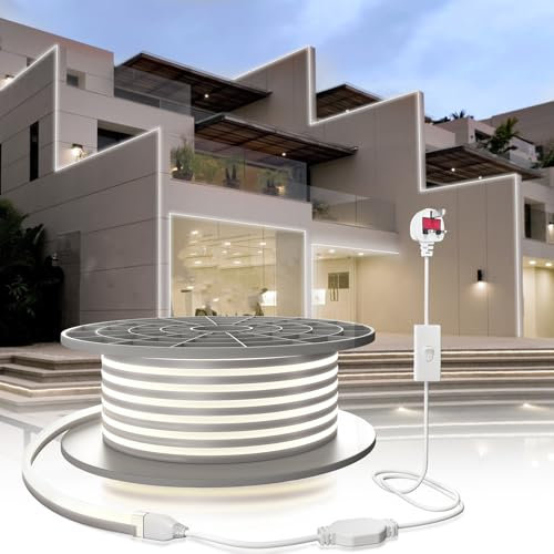 YOODI Neon LED Strip Lights 30M, 220-240V 120LED/M White Light LED Light Strips, IP65 Waterproof Flexible Neon Rope for Kitchen Bedroom Outdoor Indoor Decoration Includes Power Adapter