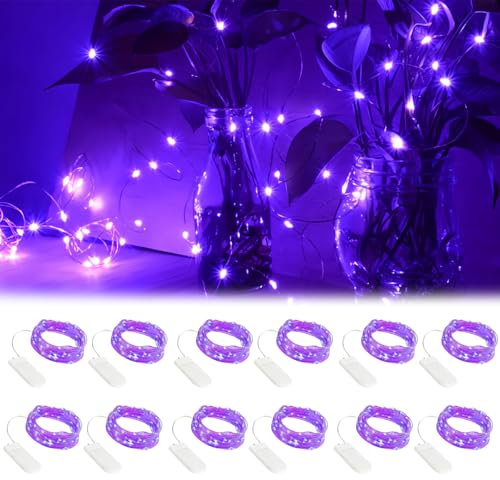 GOEDCH LED Fairy Lights: Pack of 12 2 m 20 LED Purple UV Fairy Lights Purple Copper Wire, Mini Fairy Lights, Battery Operated LED Fairy Lights, LED Fairy Lights Battery for Party, Christmas, Wedding